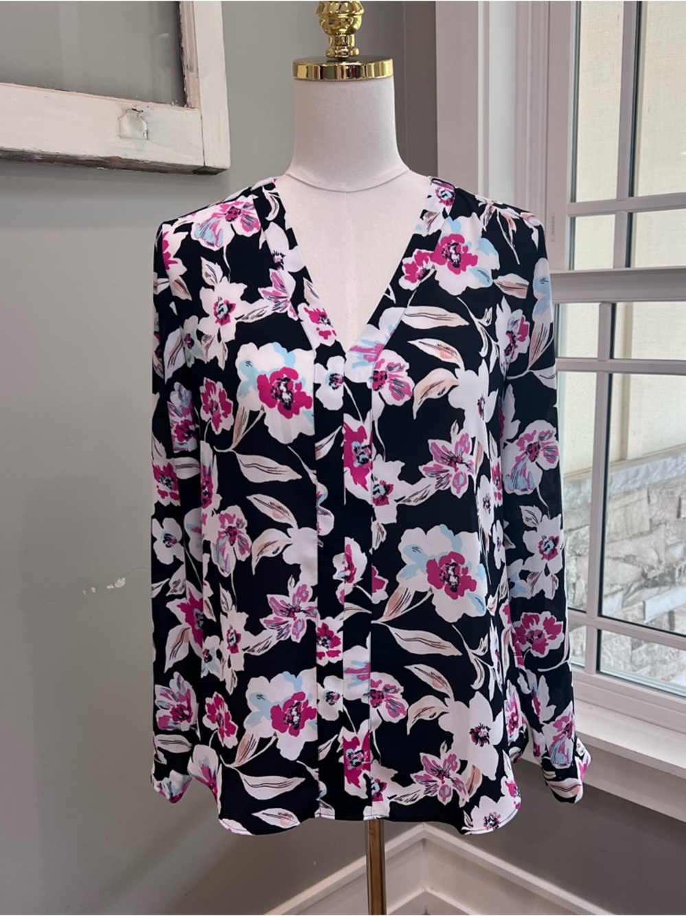Banana Republic Black Floral V-Neck Blouse with Pink and Light Blue Flowers